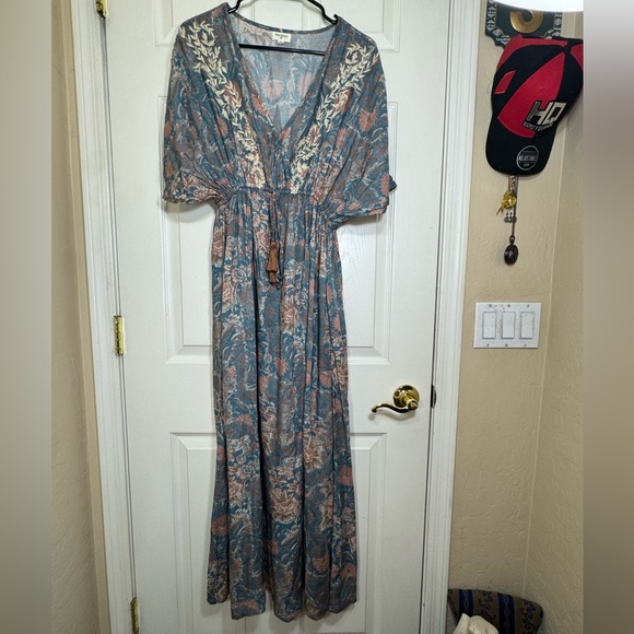 Cost Plus World Market Dresses & Skirts - World Market Boho Embroidered Maxi Dress S/M Blue Floral Rayon Tassel